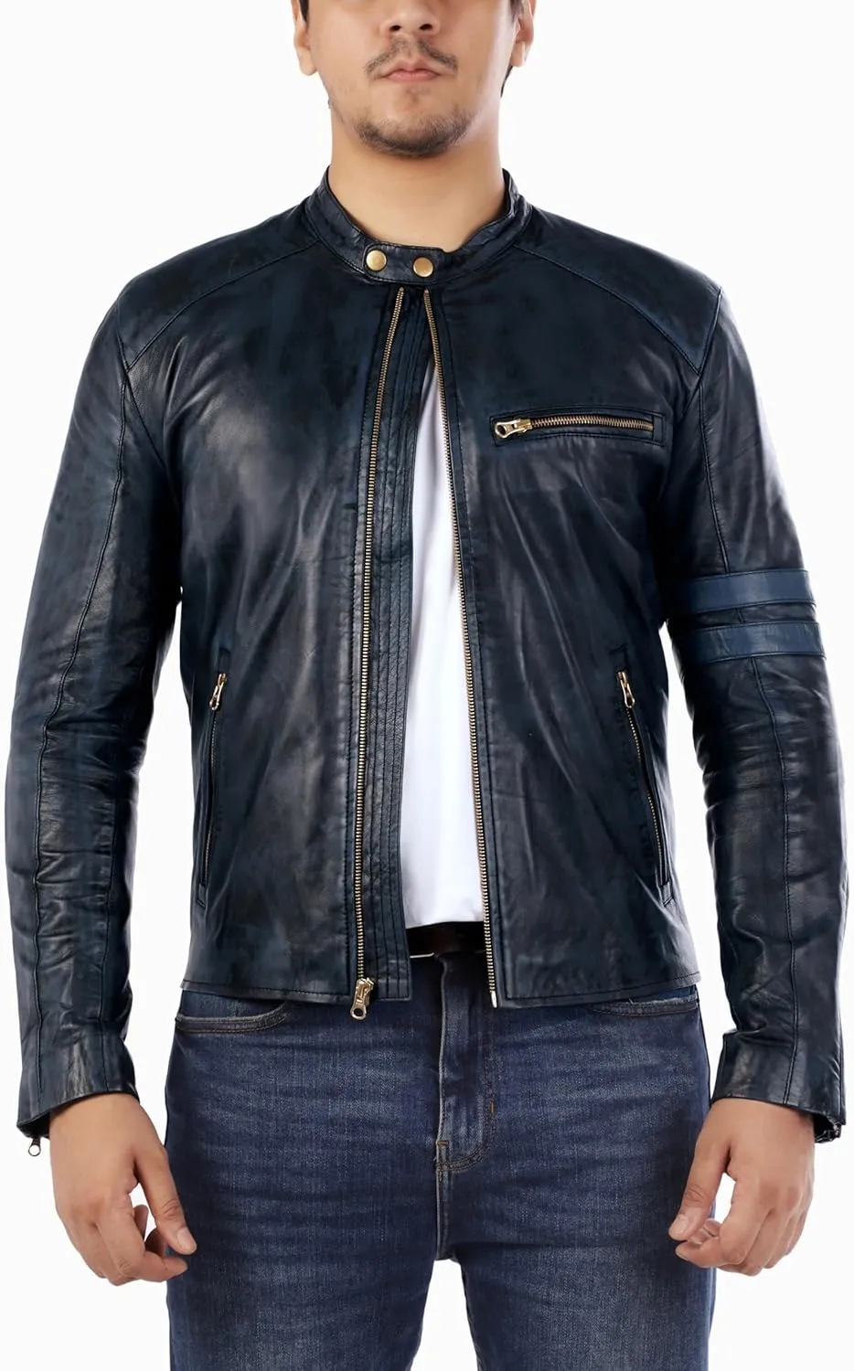 Jild Distressed Café Racer Black Leather Jacket Men - Genuine Lambskin Leather Biker Style Mens Vintage Motorcycle Jacket