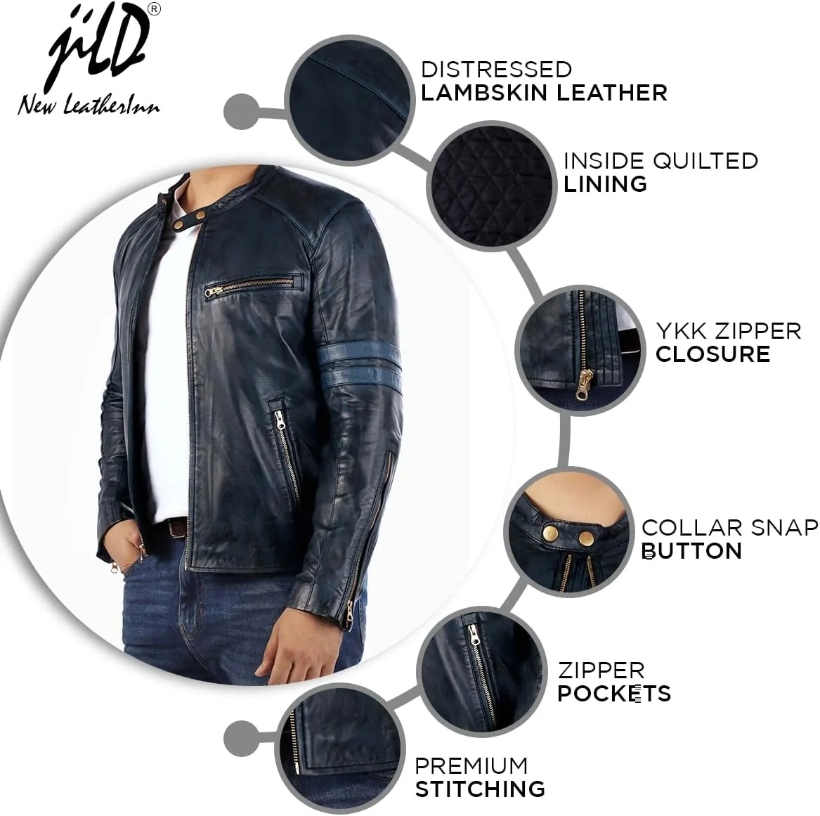 Jild Distressed Café Racer Black Leather Jacket Men - Genuine Lambskin Leather Biker Style Mens Vintage Motorcycle Jacket
