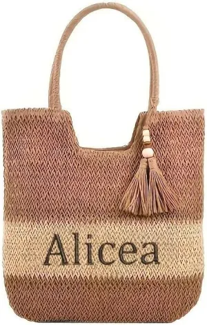JINMA Personalized Woven Tote Bag with Embroidery Name – Custom Straw Beach Bag with Tassel – Handmade Summer Handbag for Women