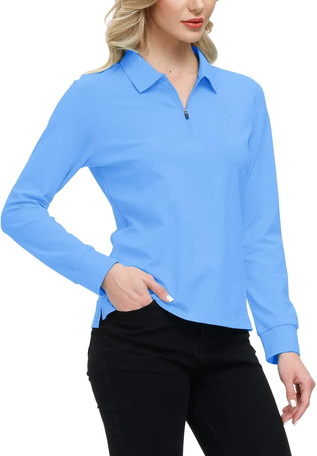 JINSHI Women's Golf Polo Shirt Long Sleeves Zip Up Sport Active Shirts Quick Dry Athletic T-Shirt Casual Tennis Tops Slim Fit