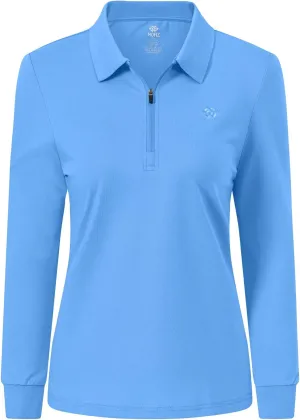 JINSHI Women's Golf Polo Shirt Long Sleeves Zip Up Sport Active Shirts Quick Dry Athletic T-Shirt Casual Tennis Tops Slim Fit