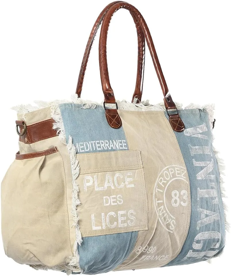 KB327 TOTE Upcycled Canvas Genuine Leather women bag western handbag purse