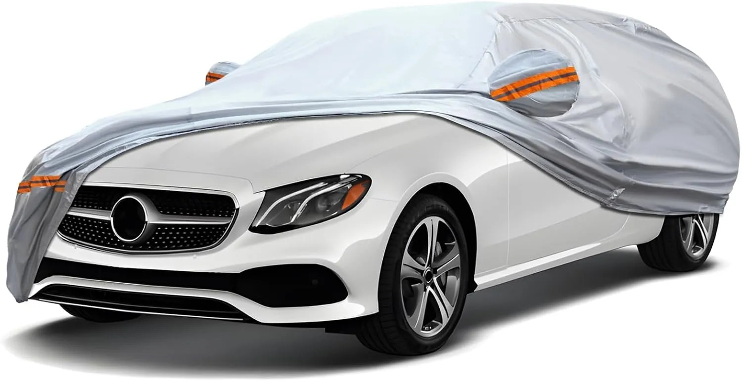 KEYOOG 6-Layer Full Car Cover is All-Weather Waterproof, Fit for 197"-208" Length Sedan, Universal in All Seasons, Snow Prevention, Rainproof, Acid Rainproof, Sunscreen, Orange Reflective Strip