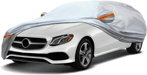 KEYOOG 6-Layer Full Car Cover is All-Weather Waterproof, Fit for 197"-208" Length Sedan, Universal in All Seasons, Snow Prevention, Rainproof, Acid Rainproof, Sunscreen, Orange Reflective Strip