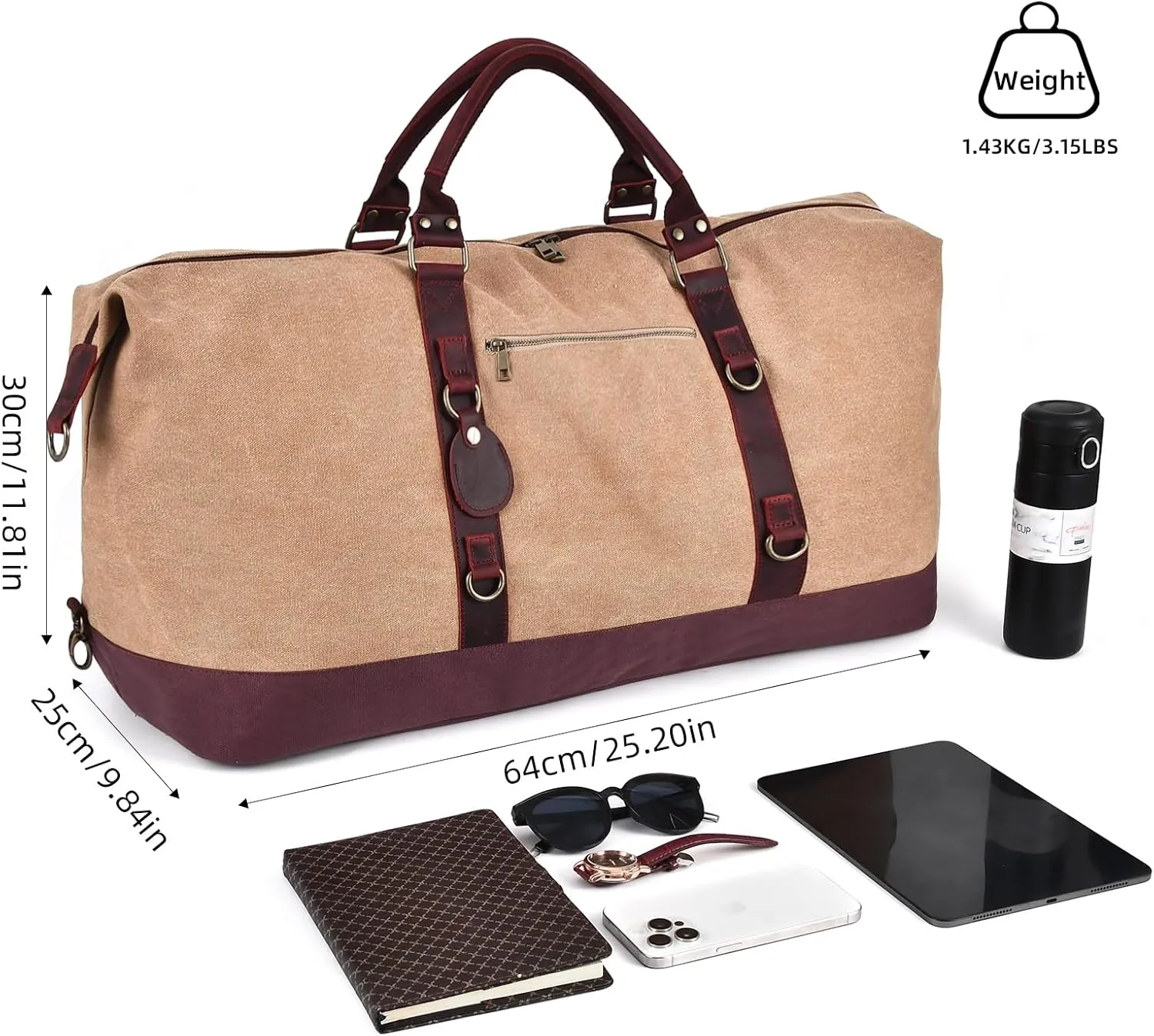 Khaki Canvas & Genuine Leather Duffle Bag for Men, Mens Travel Bag, Vintage Carry On Bag, Luggage Bag with Shoes Bag & Adjustable Strap, Overnight Bag Weekender
