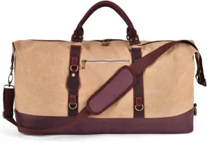 Khaki Canvas & Genuine Leather Duffle Bag for Men, Mens Travel Bag, Vintage Carry On Bag, Luggage Bag with Shoes Bag & Adjustable Strap, Overnight Bag Weekender