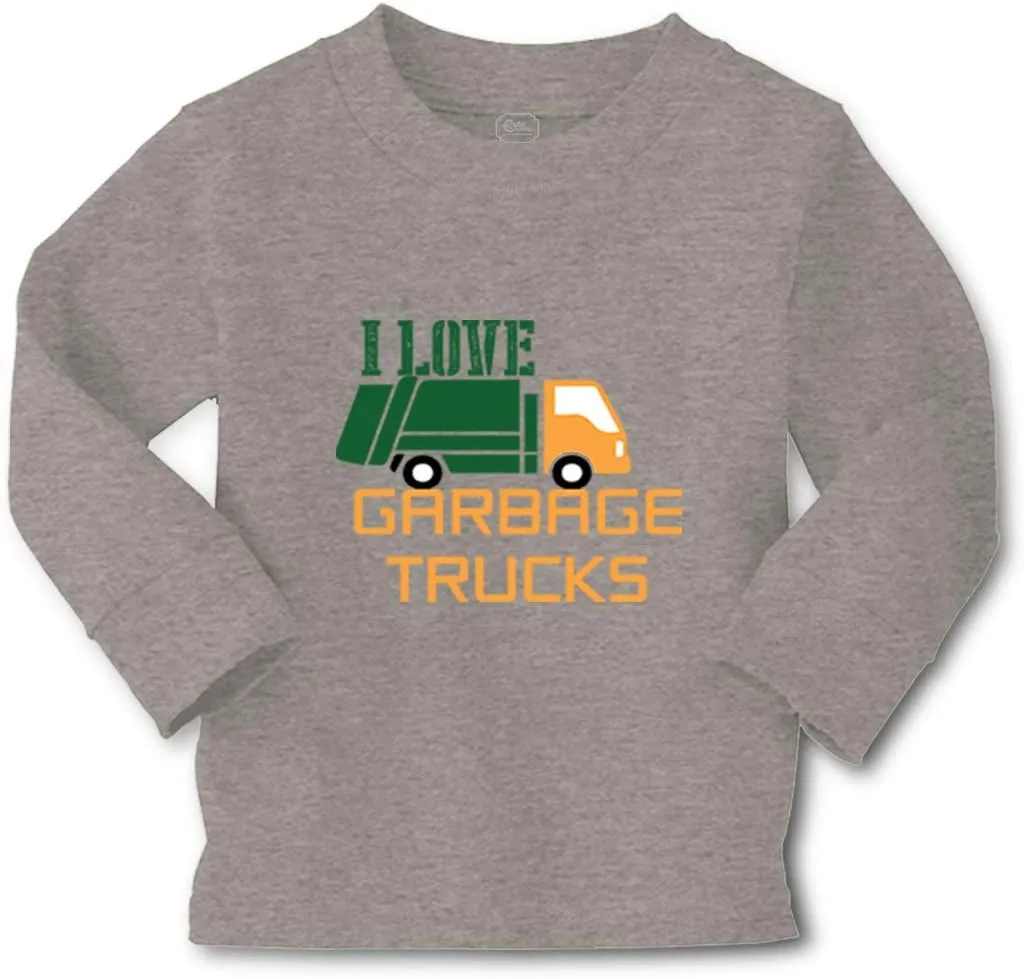 Kids Long Sleeve T Shirt I Love Garbage Trucks Cotton Boy & Girl Clothes Funny Graphic Tee Oxford Gray Design Only 4T
