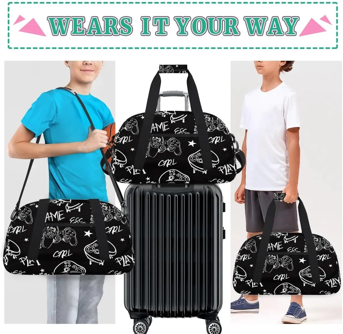 Kids Overnighter Duffel Bags for Boys Girls, Gamer Gamepad Carry-On Size Sports Gym Bag for School Practice or Overnight Travel Weekender Sleepover Workout Tote Bag
