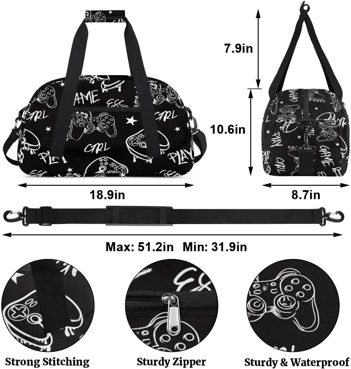 Kids Overnighter Duffel Bags for Boys Girls, Gamer Gamepad Carry-On Size Sports Gym Bag for School Practice or Overnight Travel Weekender Sleepover Workout Tote Bag