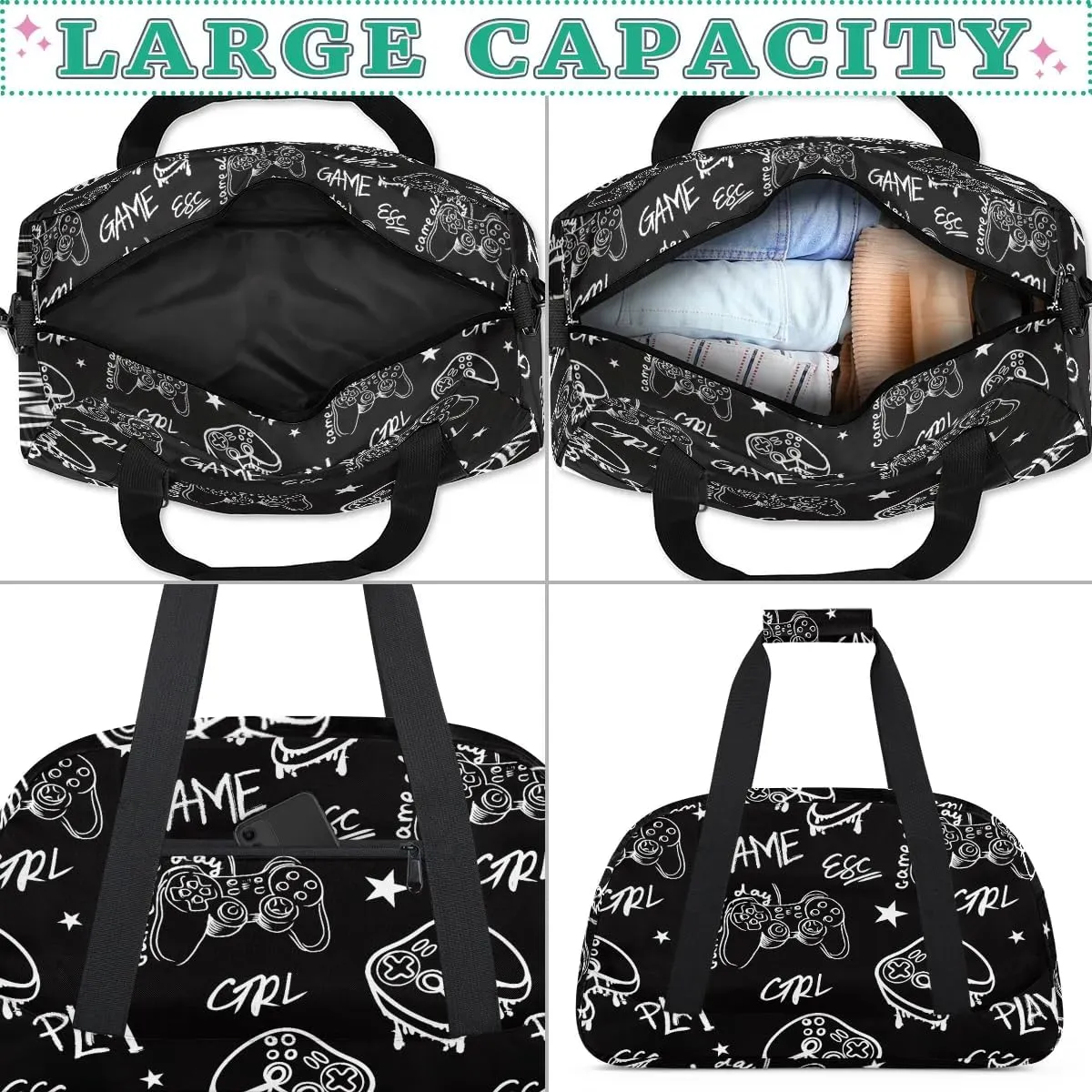 Kids Overnighter Duffel Bags for Boys Girls, Gamer Gamepad Carry-On Size Sports Gym Bag for School Practice or Overnight Travel Weekender Sleepover Workout Tote Bag