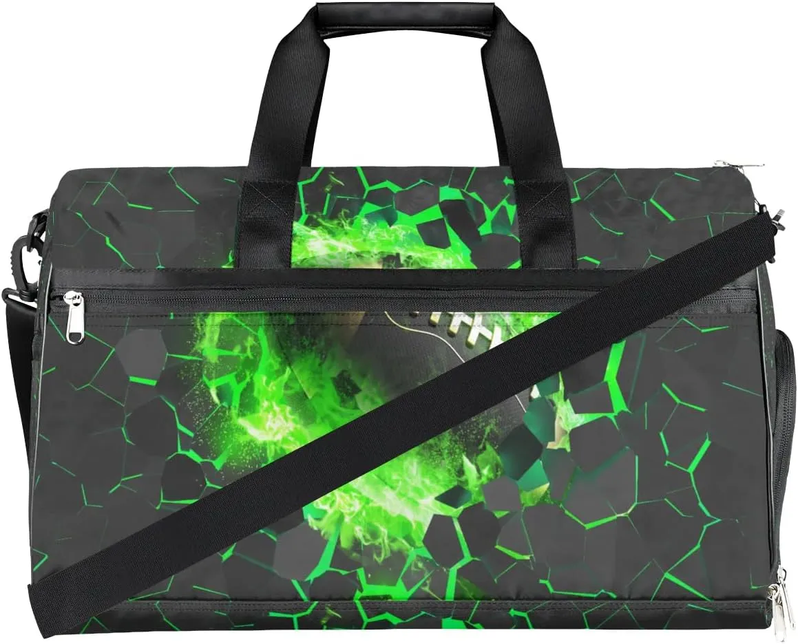 Kids Overnighter Duffel Bags for Boys Girls, Green Football Carry-On Size Sports Gym Bag with Shoe Compartments for School Practice or Overnight Travel Weekender Sleepover Tote Bag