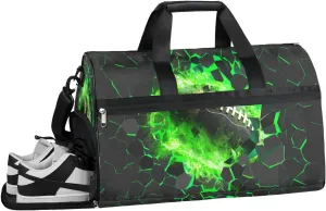Kids Overnighter Duffel Bags for Boys Girls, Green Football Carry-On Size Sports Gym Bag with Shoe Compartments for School Practice or Overnight Travel Weekender Sleepover Tote Bag