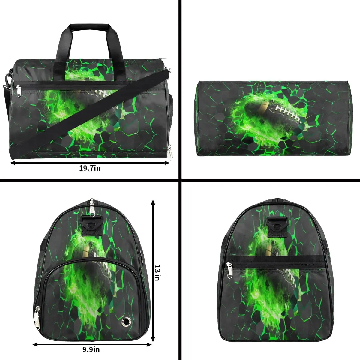 Kids Overnighter Duffel Bags for Boys Girls, Green Football Carry-On Size Sports Gym Bag with Shoe Compartments for School Practice or Overnight Travel Weekender Sleepover Tote Bag