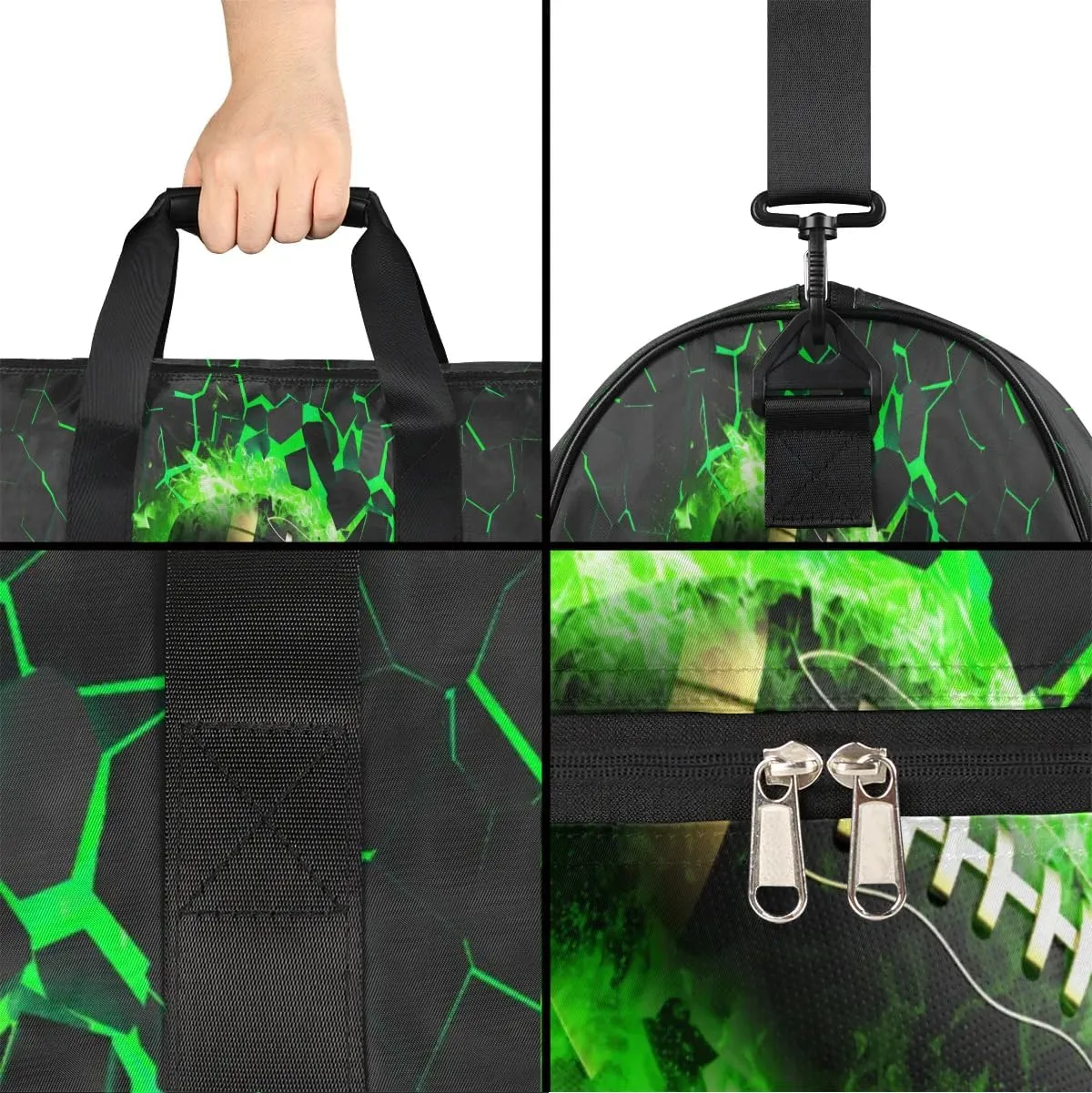 Kids Overnighter Duffel Bags for Boys Girls, Green Football Carry-On Size Sports Gym Bag with Shoe Compartments for School Practice or Overnight Travel Weekender Sleepover Tote Bag