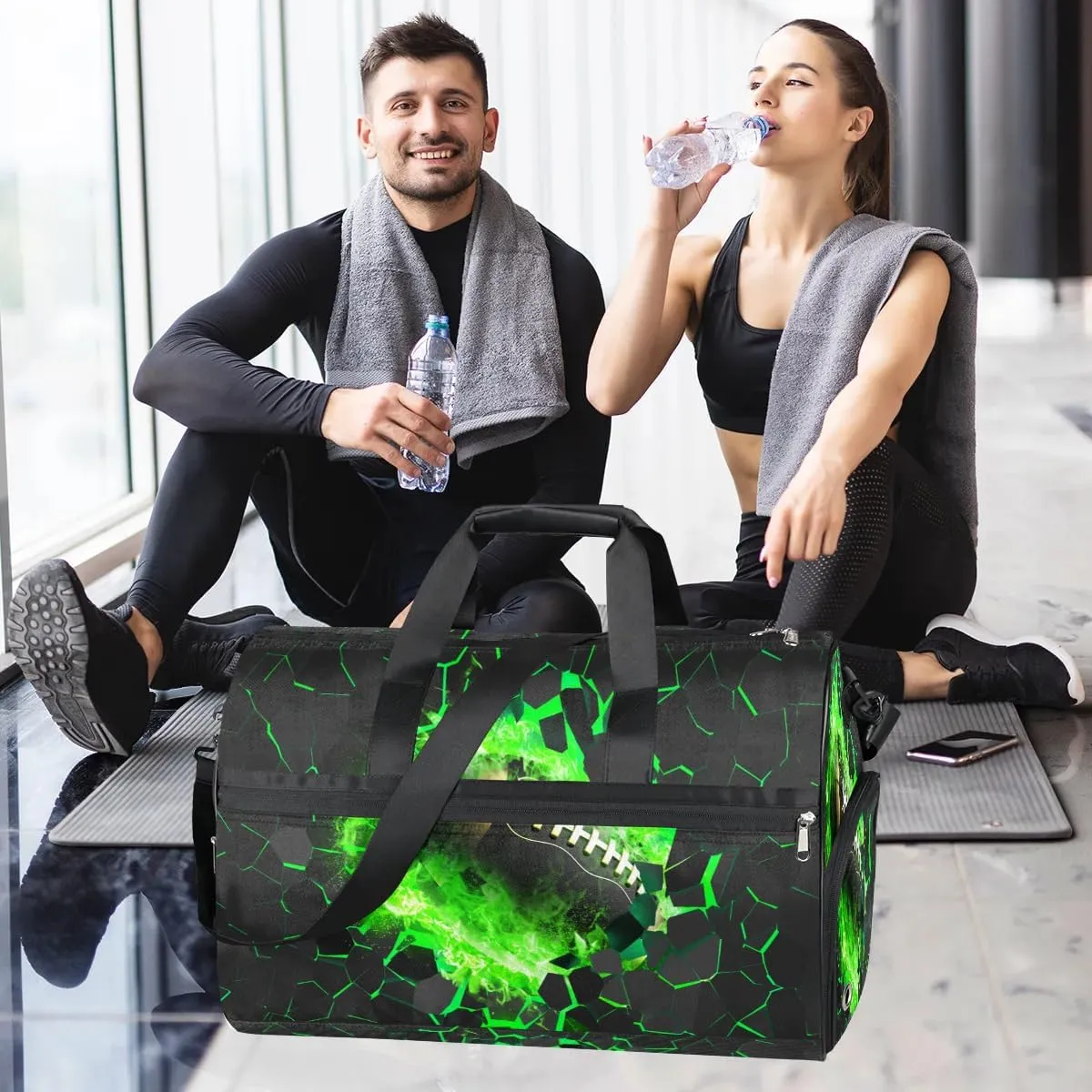 Kids Overnighter Duffel Bags for Boys Girls, Green Football Carry-On Size Sports Gym Bag with Shoe Compartments for School Practice or Overnight Travel Weekender Sleepover Tote Bag