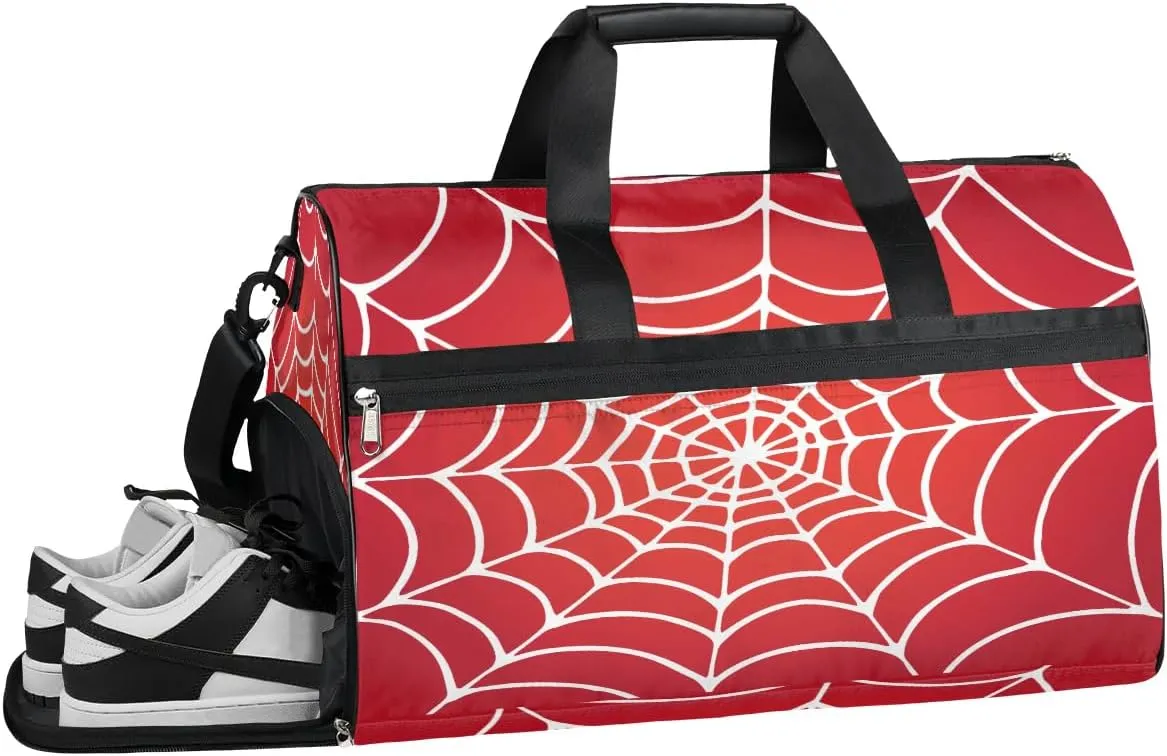 Kids Overnighter Duffel Bags for Boys Girls, Red Spider Web Carry-On Size Sports Gym Bag with Shoe Compartments for School Practice or Overnight Travel Weekender Sleepover Tote Bag