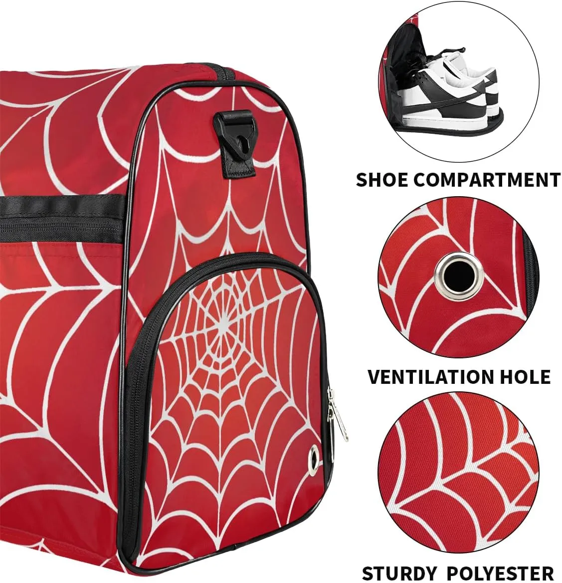 Kids Overnighter Duffel Bags for Boys Girls, Red Spider Web Carry-On Size Sports Gym Bag with Shoe Compartments for School Practice or Overnight Travel Weekender Sleepover Tote Bag