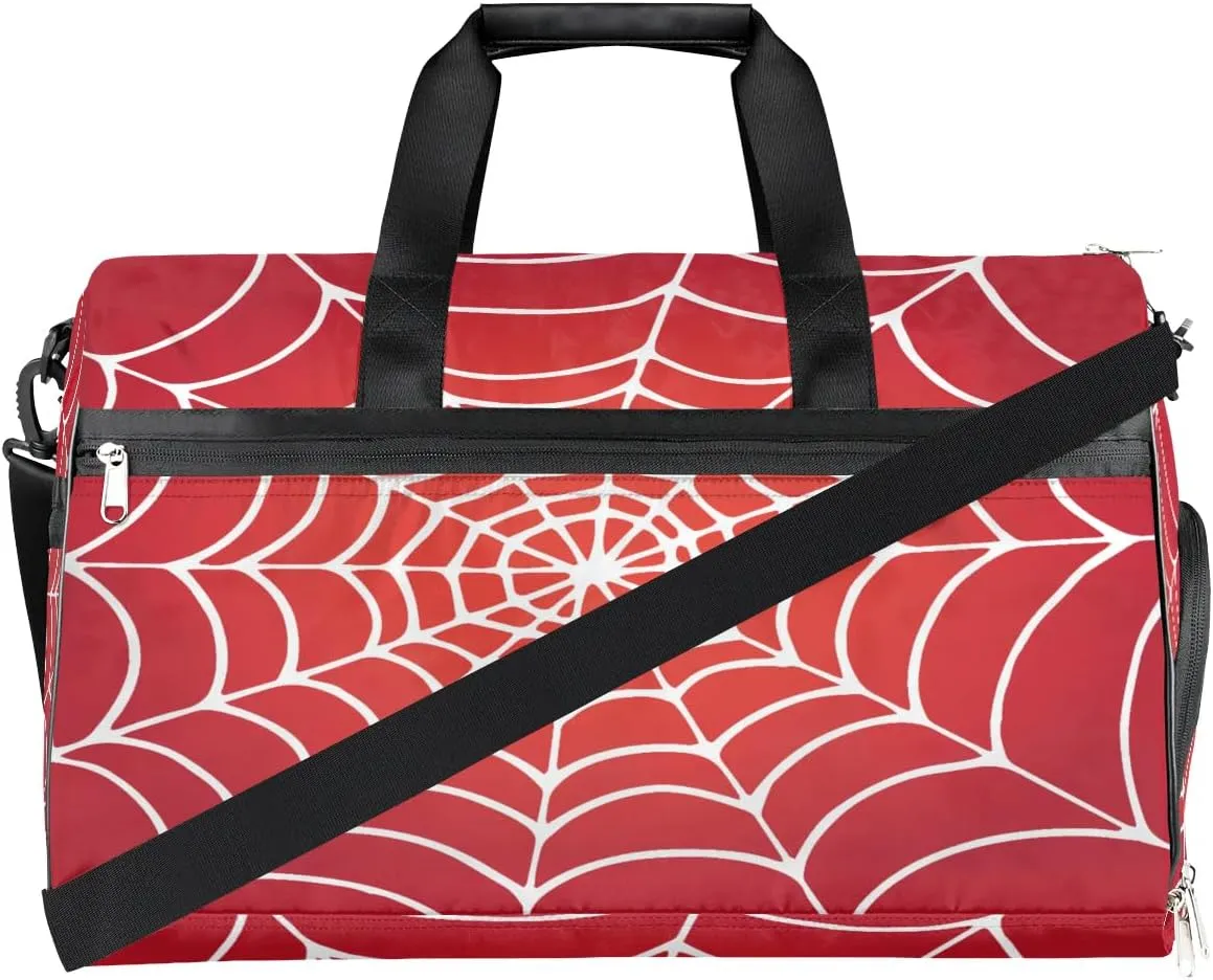 Kids Overnighter Duffel Bags for Boys Girls, Red Spider Web Carry-On Size Sports Gym Bag with Shoe Compartments for School Practice or Overnight Travel Weekender Sleepover Tote Bag
