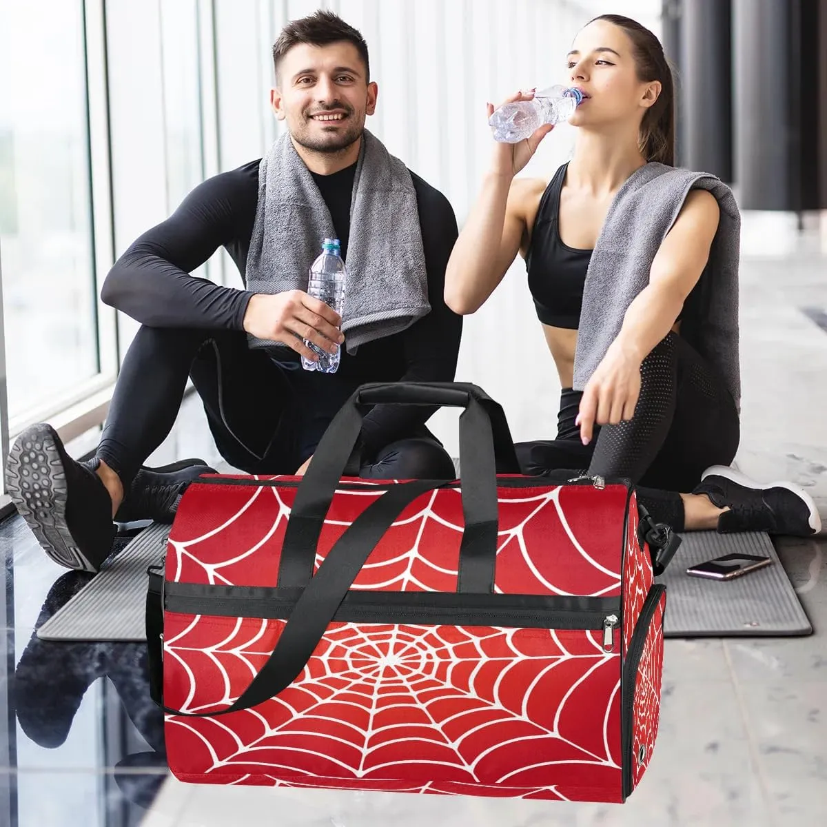 Kids Overnighter Duffel Bags for Boys Girls, Red Spider Web Carry-On Size Sports Gym Bag with Shoe Compartments for School Practice or Overnight Travel Weekender Sleepover Tote Bag