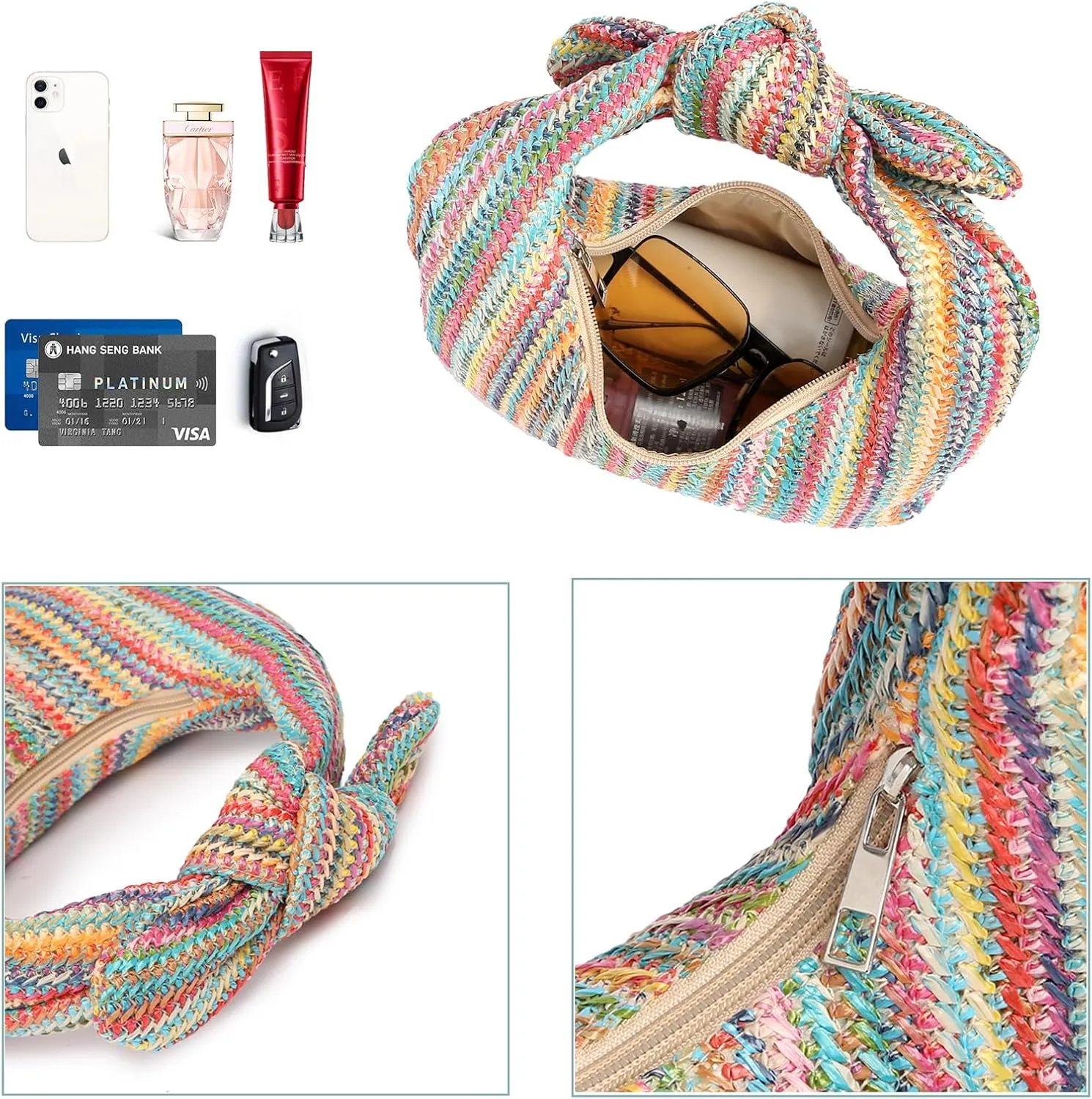 Knotted Straw Clutch Purse Bow Summer Beach Bag Dumpling Evening Handbag