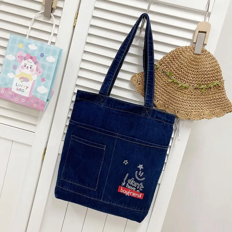 Korean-Style Denim Canvas Tote Bag – Casual Shoulder Handbag for Women, Girls & Students