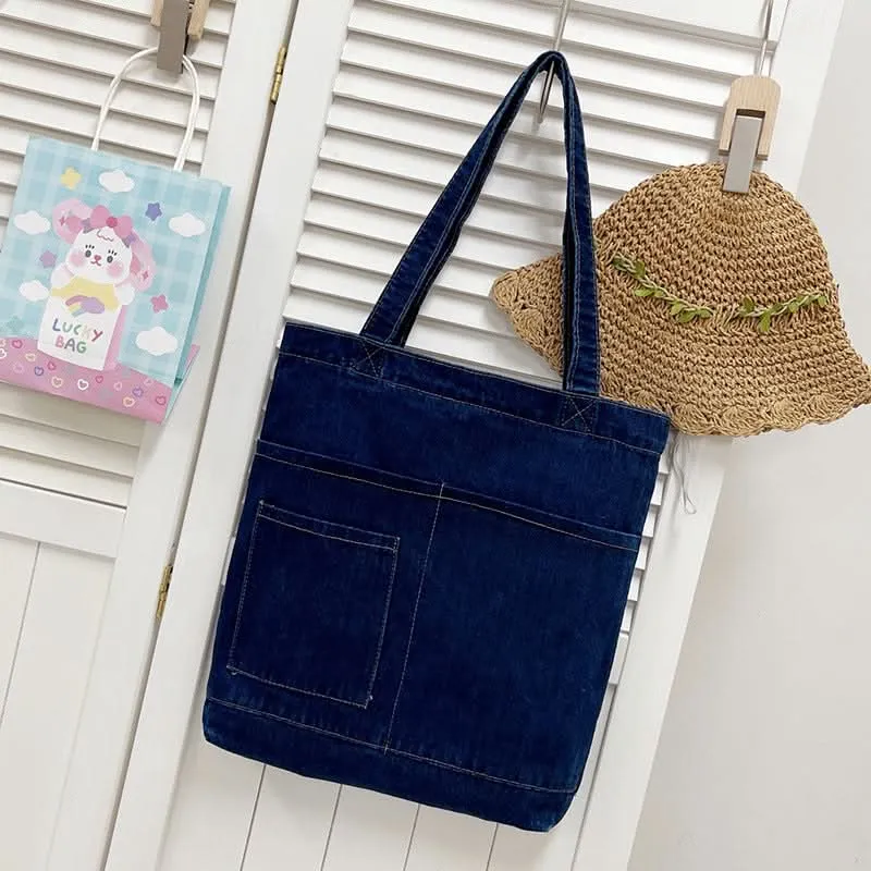 Korean-Style Denim Canvas Tote Bag – Casual Shoulder Handbag for Women, Girls & Students