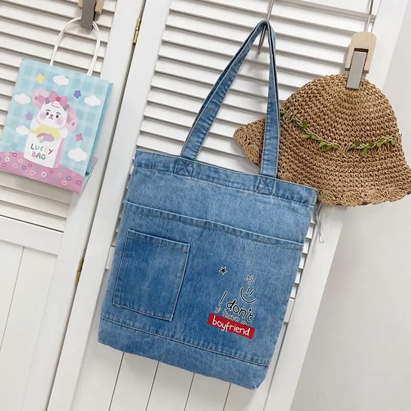 Korean-Style Denim Canvas Tote Bag – Casual Shoulder Handbag for Women, Girls & Students