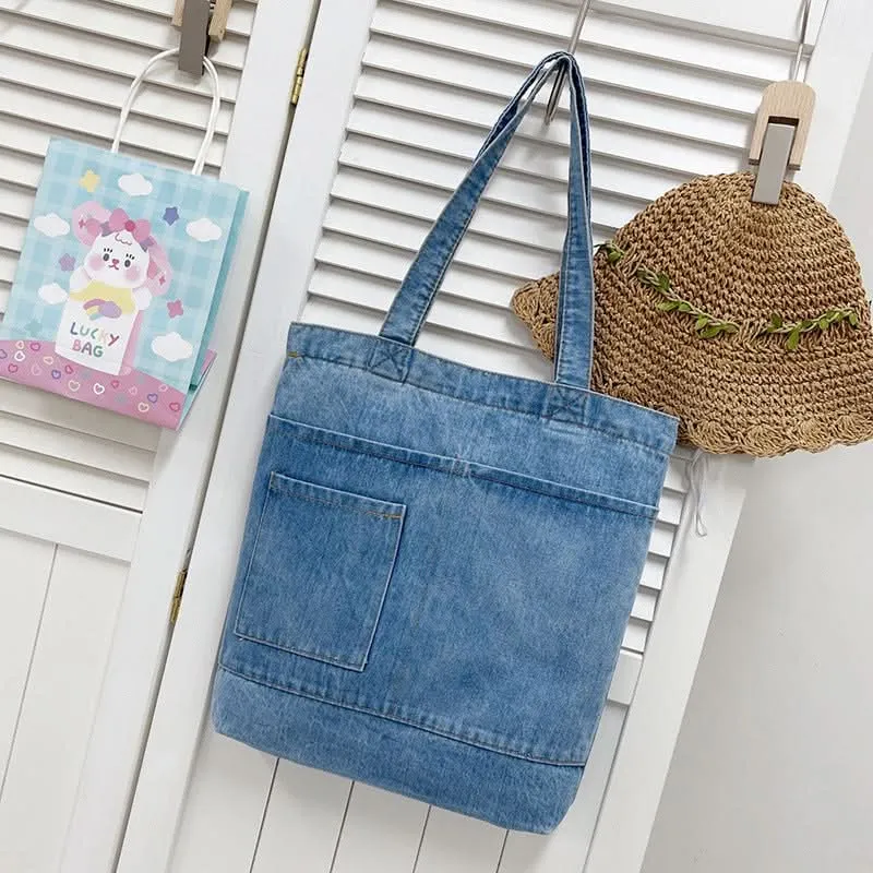 Korean-Style Denim Canvas Tote Bag – Casual Shoulder Handbag for Women, Girls & Students