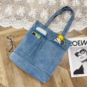 Korean-Style Denim Canvas Tote Bag – Casual Shoulder Handbag for Women, Girls & Students