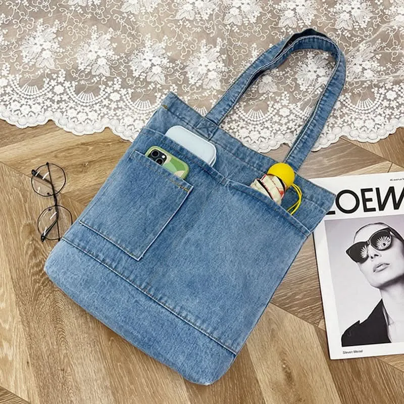 Korean-Style Denim Canvas Tote Bag – Casual Shoulder Handbag for Women, Girls & Students