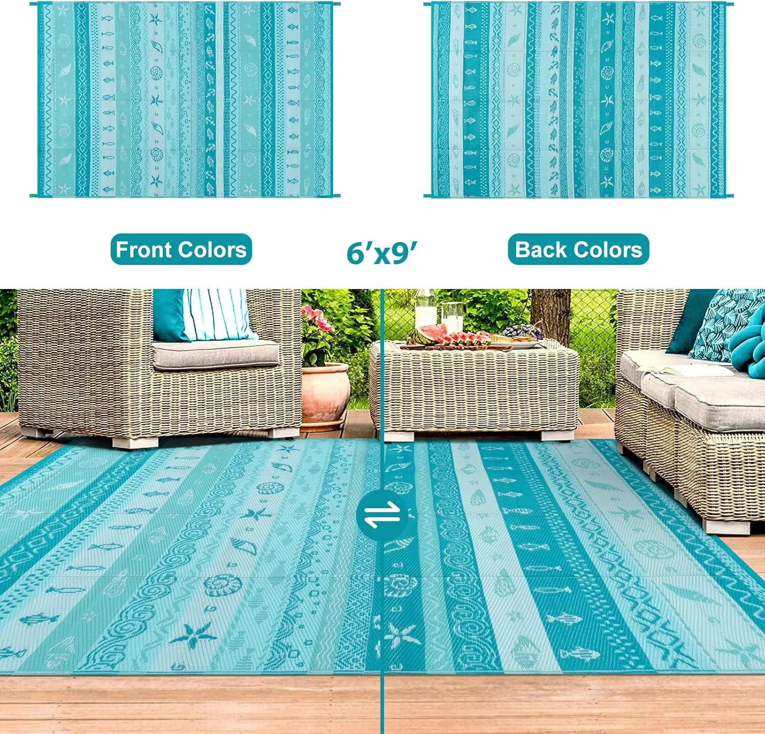Lahome Outdoor Rug Waterproof, 6x9 Reversible Outdoor Plastic Straw Rug for Camping, RV Patio Rugs Large Carpet for Porch Deck Backyard Balcony Picnic(Blue/Multi,6'x 9')