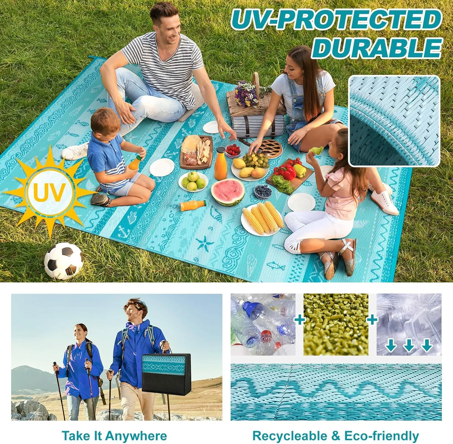 Lahome Outdoor Rug Waterproof, 6x9 Reversible Outdoor Plastic Straw Rug for Camping, RV Patio Rugs Large Carpet for Porch Deck Backyard Balcony Picnic(Blue/Multi,6'x 9')