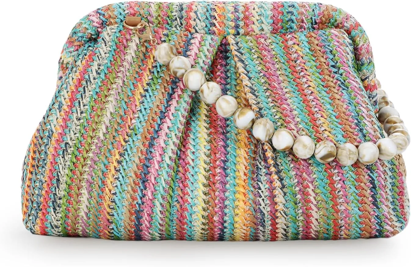 Lanpet Straw Clutch Purse for Women, Woven Dumpling Evening Bag Summer Beach Bag, Chain Strap Crossbody Shoulder Handbags
