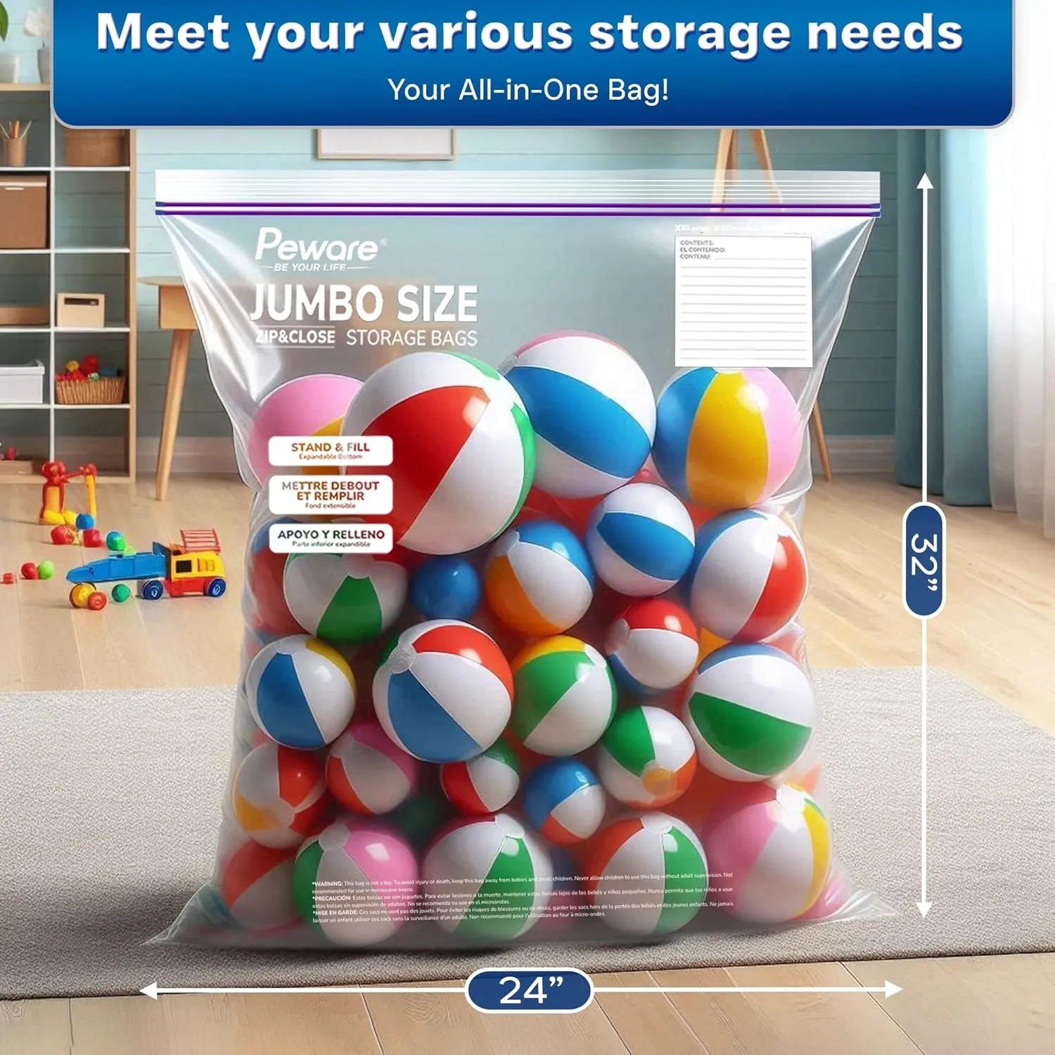 Large 20 Gallon Storage Bags with Double Zippers, Plastic Bags for Clothes, Blankets, and Closet Organization, 24"x32" [15 COUNT]