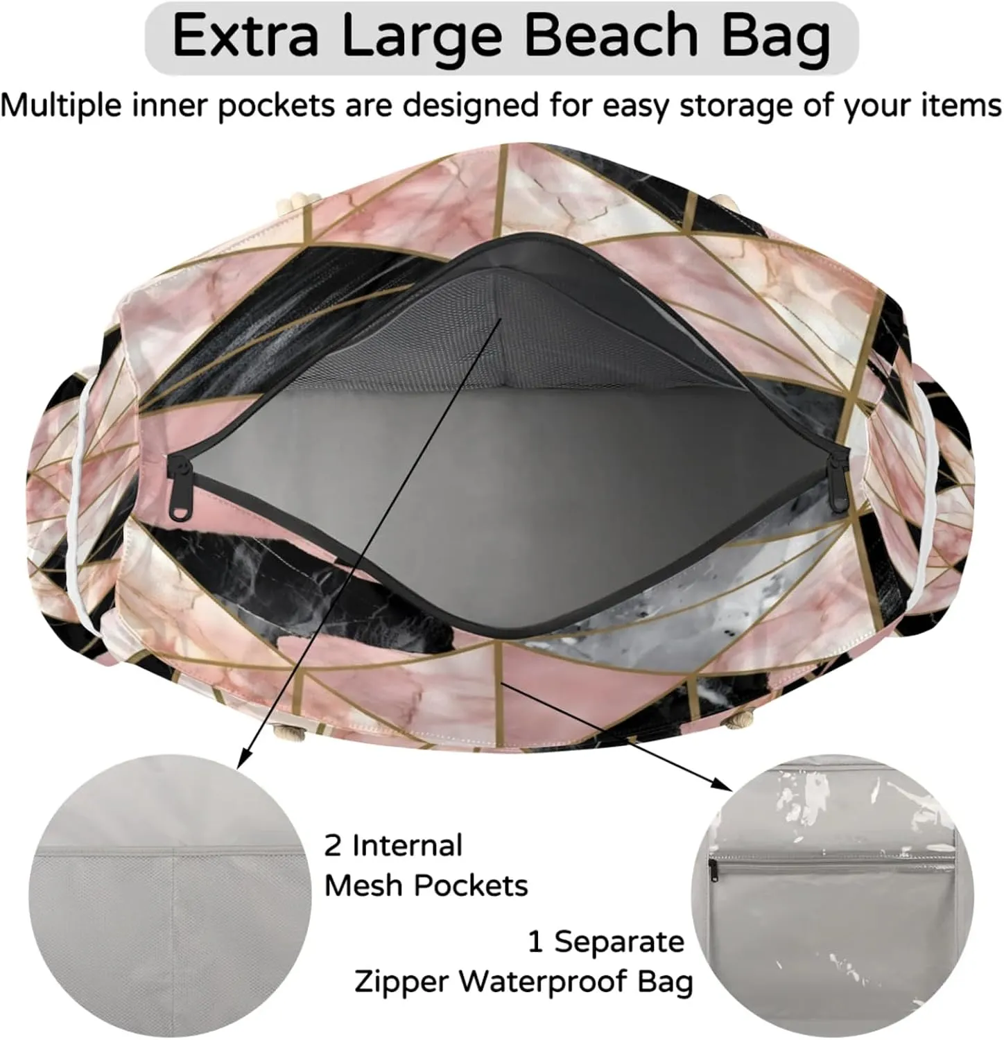 Large Beach Tote Bags for Women, Waterproof Beach Bag with Zipper, Swim Pool Tote Bags