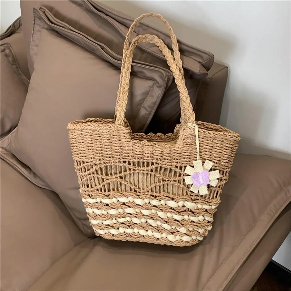 Large capacity Bag Sweet Flower - decorated Straw Handbag: Illuminate the Fashion Style of Outings Ladies shoulder Bag(Wit)