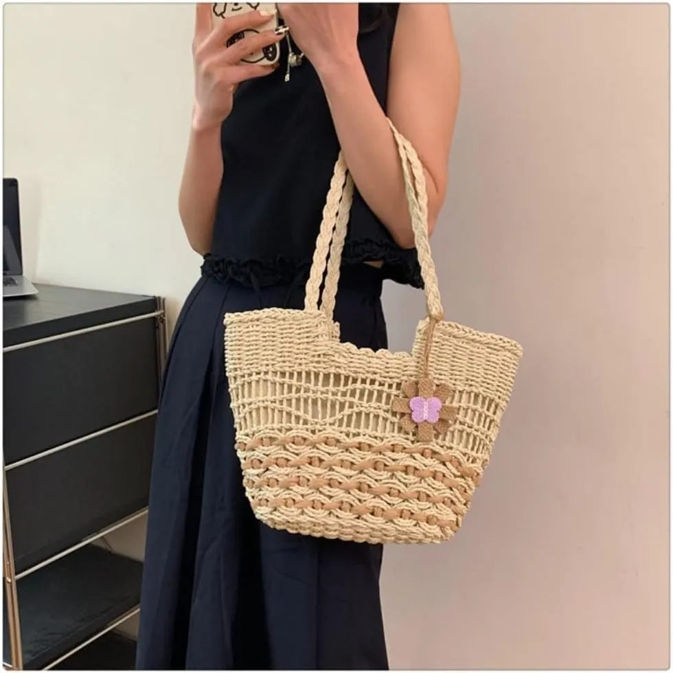 Large capacity Bag Sweet Flower - decorated Straw Handbag: Illuminate the Fashion Style of Outings Ladies shoulder Bag(Wit)