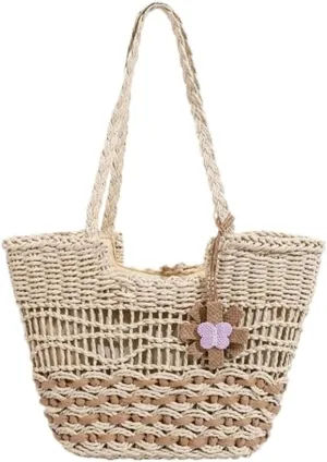 Large capacity Bag Sweet Flower - decorated Straw Handbag: Illuminate the Fashion Style of Outings Ladies shoulder Bag(Wit)