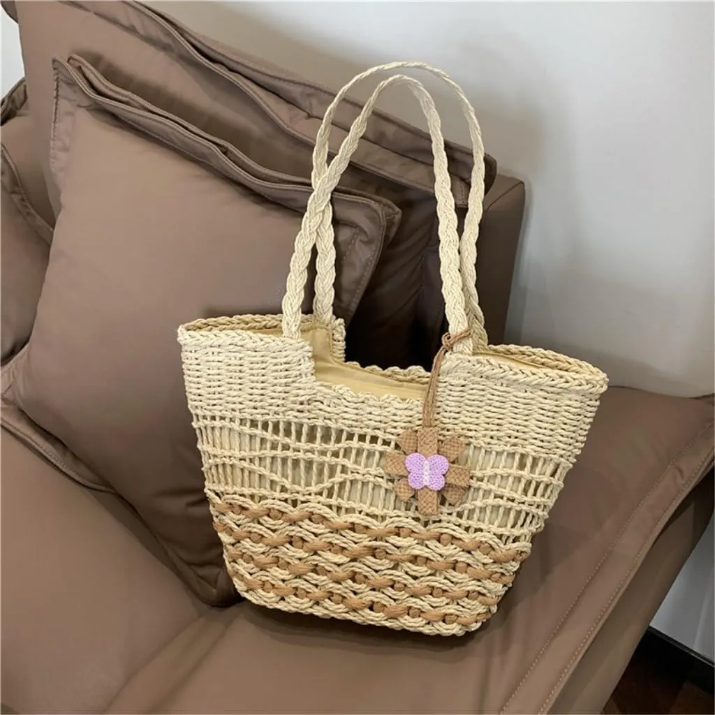 Large capacity Bag Sweet Flower - decorated Straw Handbag: Illuminate the Fashion Style of Outings Ladies shoulder Bag(Wit)