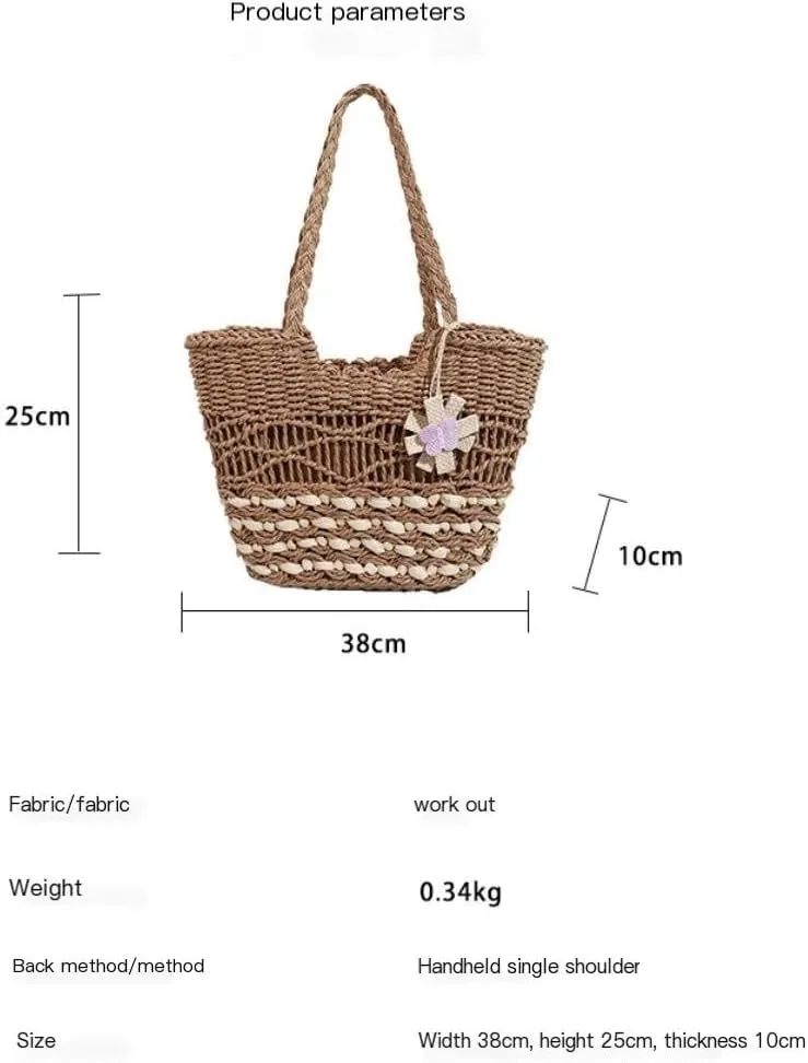 Large capacity Bag Sweet Flower - decorated Straw Handbag: Illuminate the Fashion Style of Outings Ladies shoulder Bag(Wit)