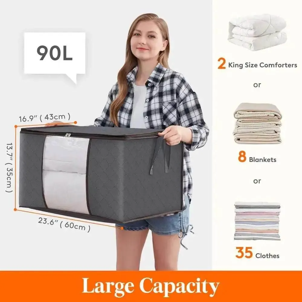 Large Capacity Clothing Storage Bag Set of 3, 90L, Gray