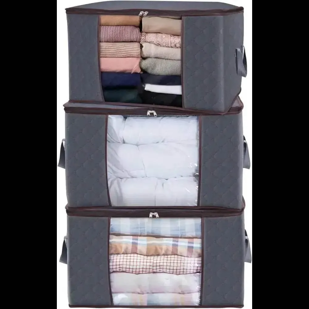 Large Capacity Clothing Storage Bag Set of 3, 90L, Gray