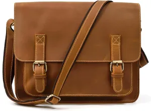Large Capacity Crazy Horse Leather Shoulder Bag Crossbody Clamshell Vintage Briefcase