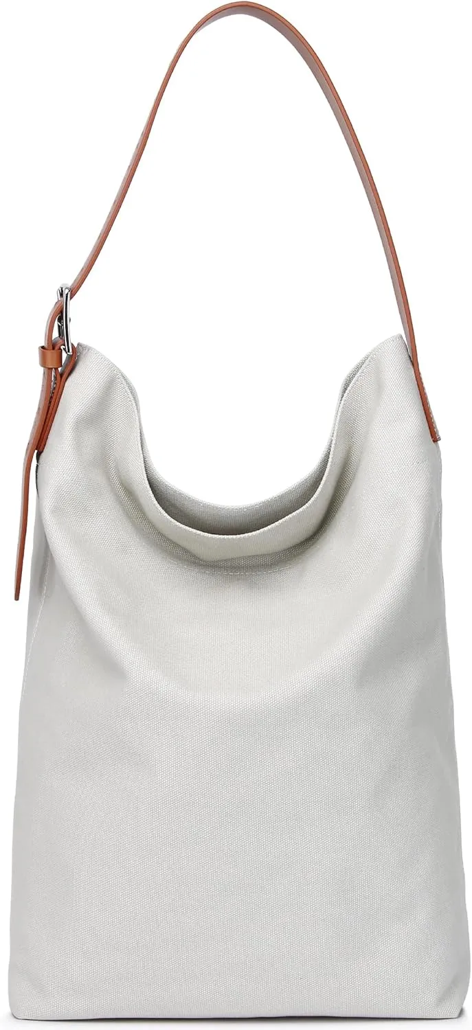 Large Capacity Simple Canvas Tote Bag Casual Shopping Shoulder Handbag for Women Fashionable Solid Color Design with Leading layer cowhide strap