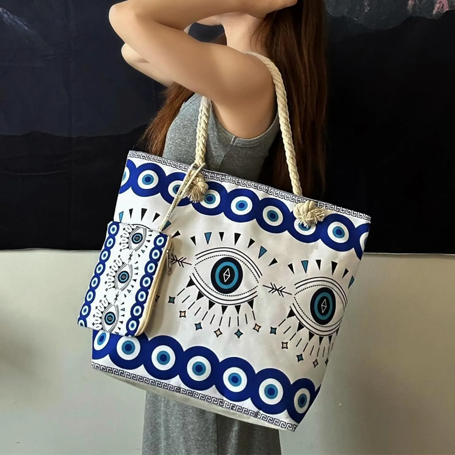 Large Capacity Women's Evil Eye Beach Tote Bag, Handmade Canvas Shoulder Bag with Mini Pouch for Travel and Everyday Use