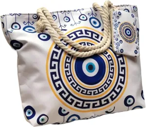 Large Capacity Women's Evil Eye Beach Tote Bag, Handmade Canvas Shoulder Bag with Mini Pouch for Travel and Everyday Use