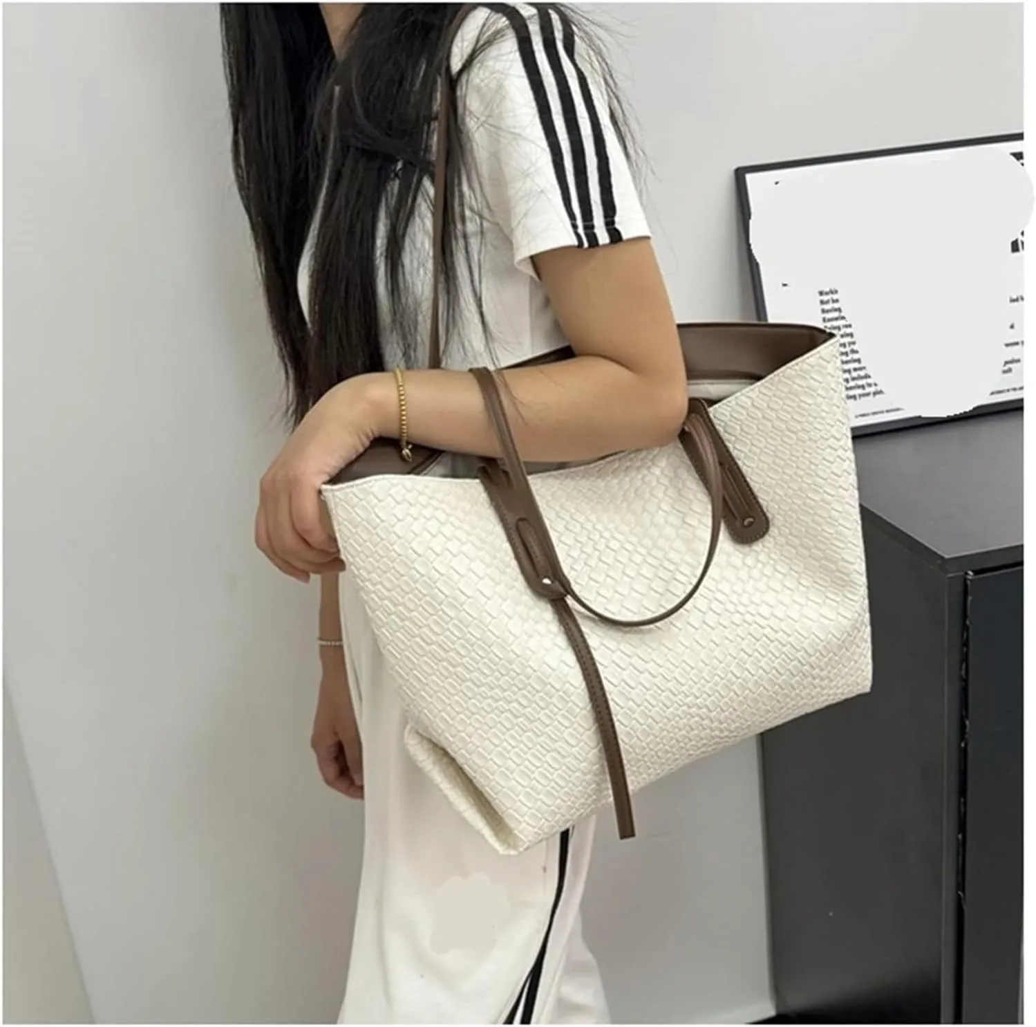 Large Capacity Woven Tote Bag for Women - Retro Summer Shoulder Bag(Beige)