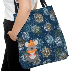 Large Tote Bag Adorable Mouse on Blue Patterned: Whimsical Critter Design