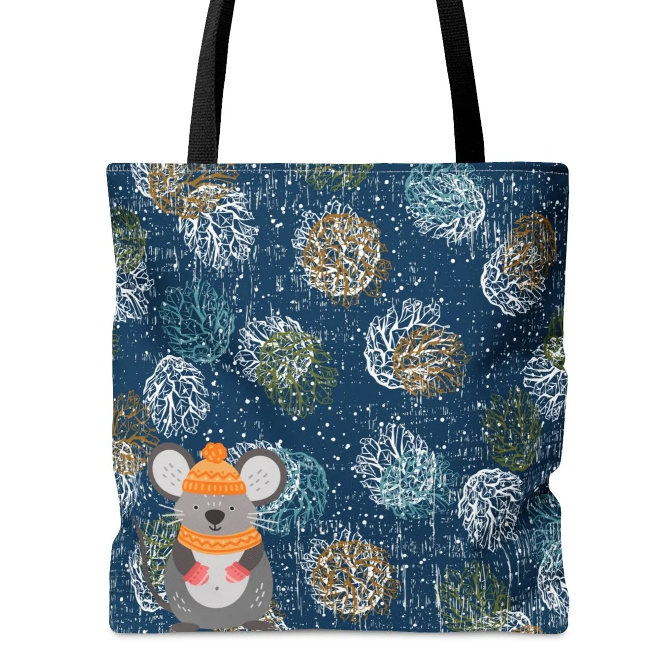 Large Tote Bag Adorable Mouse on Blue Patterned: Whimsical Critter Design