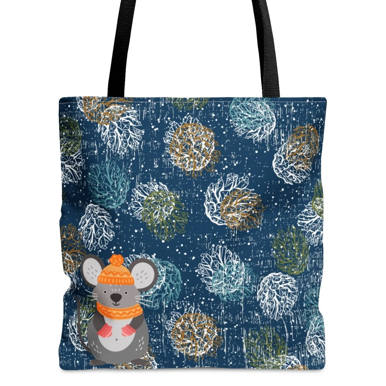 Large Tote Bag Adorable Mouse on Blue Patterned: Whimsical Critter Design